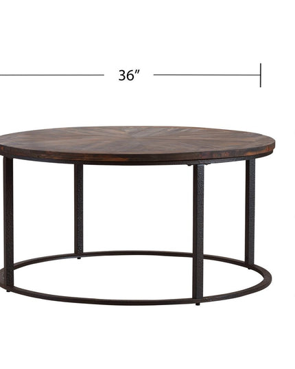 36" Natural And Brown Reclaimed Wood And Metal Round Coffee Table
