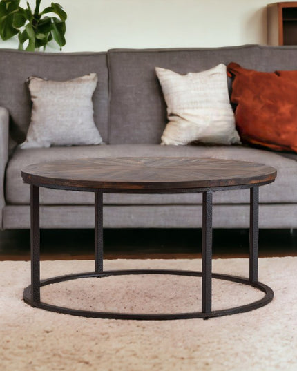 36" Natural And Brown Reclaimed Wood And Metal Round Coffee Table