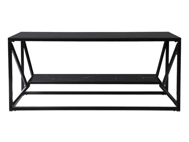 42" Black Glass Faux Marble And Metal Coffee Table With Shelf
