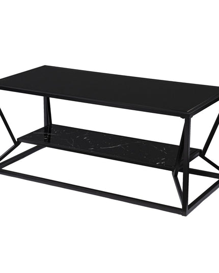 42" Black Glass Faux Marble And Metal Coffee Table With Shelf
