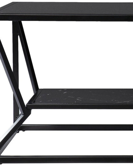42" Black Glass Faux Marble And Metal Coffee Table With Shelf