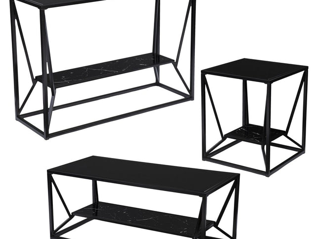 42" Black Glass Faux Marble And Metal Coffee Table With Shelf