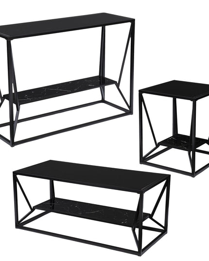 42" Black Glass Faux Marble And Metal Coffee Table With Shelf
