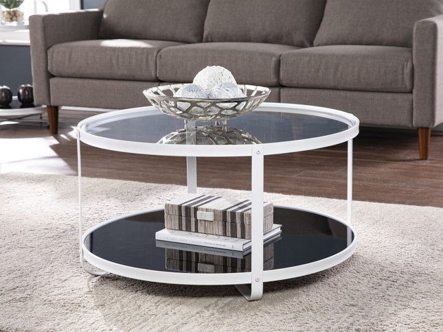 32" White Glass And Metal Two Tier Round Coffee Table