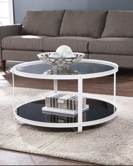 32" White Glass And Metal Two Tier Round Coffee Table