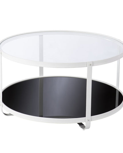 32" White Glass And Metal Two Tier Round Coffee Table