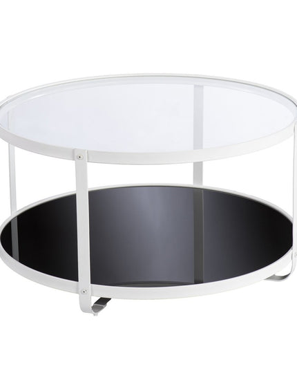 32" White Glass And Metal Two Tier Round Coffee Table