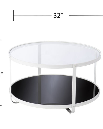 32" White Glass And Metal Two Tier Round Coffee Table