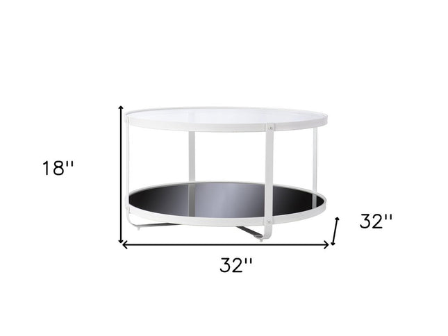 32" White Glass And Metal Two Tier Round Coffee Table