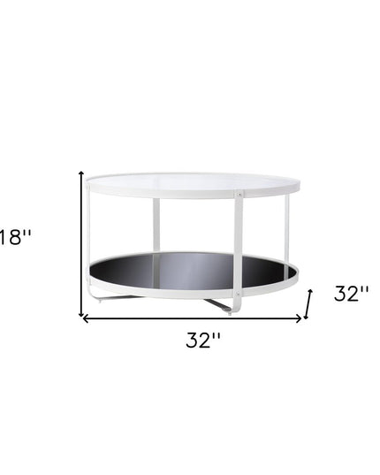 32" White Glass And Metal Two Tier Round Coffee Table