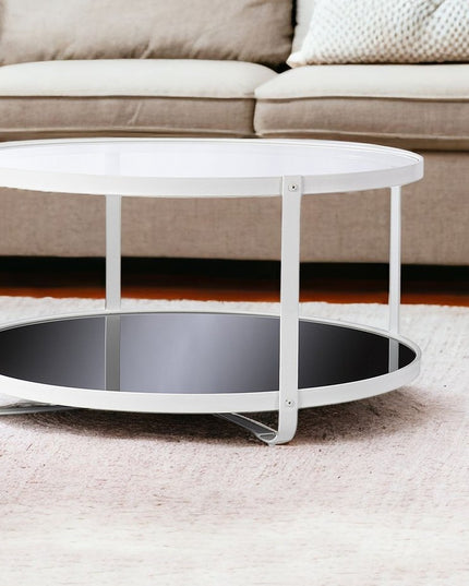 32" White Glass And Metal Two Tier Round Coffee Table