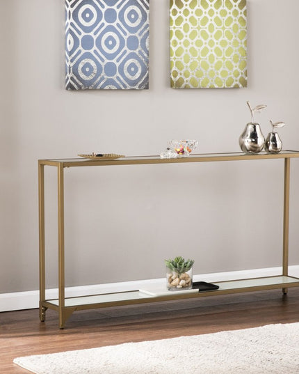 56" Clear and Gold Glass Mirrored Frame Console Table With Shelves