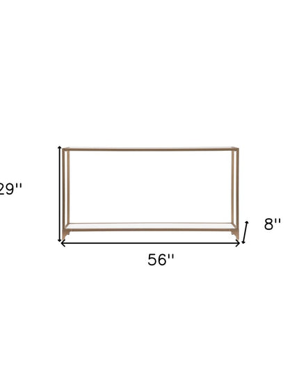 56" Clear and Gold Glass Mirrored Frame Console Table With Shelves