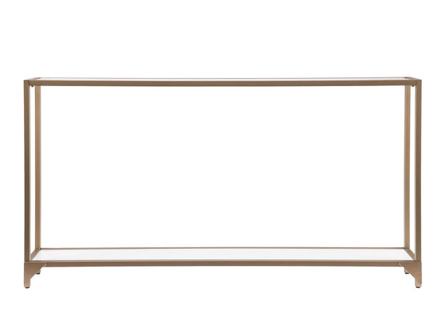 56" Clear and Gold Glass Mirrored Frame Console Table With Shelves