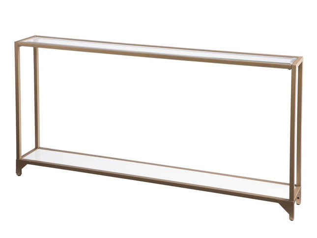 56" Clear and Gold Glass Mirrored Frame Console Table With Shelves
