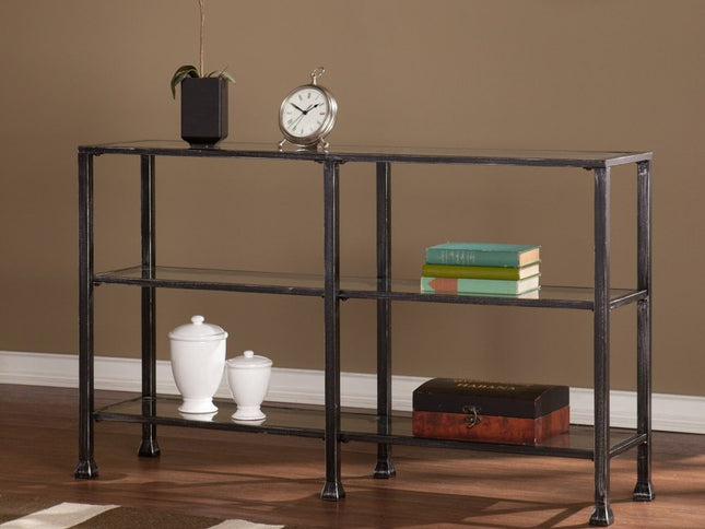 49" Clear and Black Glass Distressed Floor Shelf Console Table With Storage