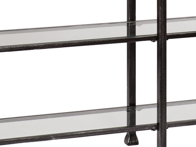 49" Clear and Black Glass Distressed Floor Shelf Console Table With Storage