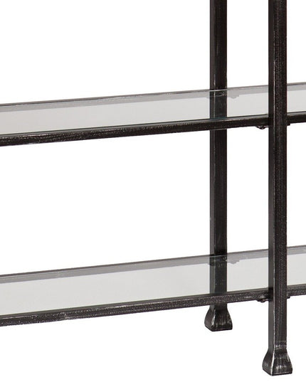 49" Clear and Black Glass Distressed Floor Shelf Console Table With Storage