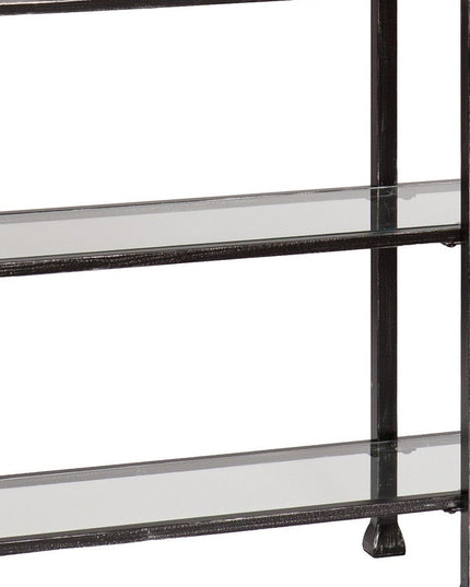 49" Clear and Black Glass Distressed Floor Shelf Console Table With Storage