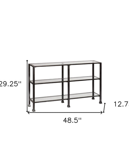 49" Clear and Black Glass Distressed Floor Shelf Console Table With Storage