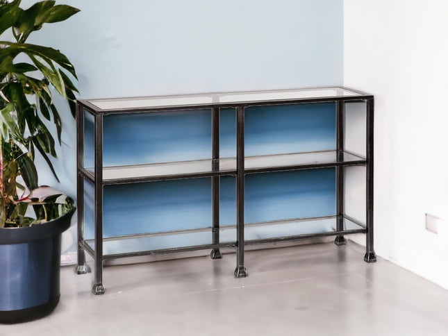 49" Clear and Black Glass Distressed Floor Shelf Console Table With Storage