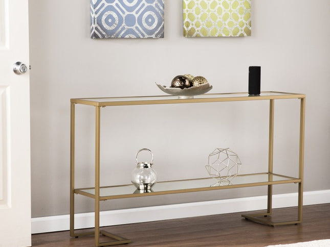 52" Clear and Gold Glass Mirrored Sled Console Table With Shelves