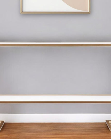 52" Clear and Gold Glass Mirrored Sled Console Table With Shelves