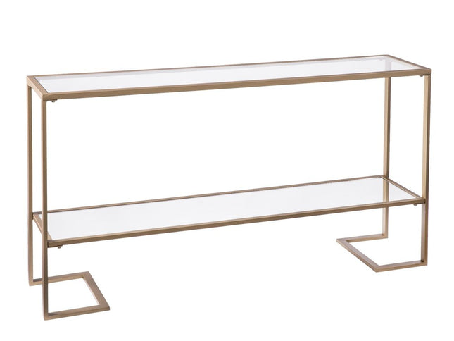 52" Clear and Gold Glass Mirrored Sled Console Table With Shelves