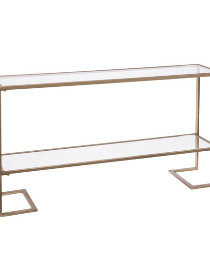 52" Clear and Gold Glass Mirrored Sled Console Table With Shelves
