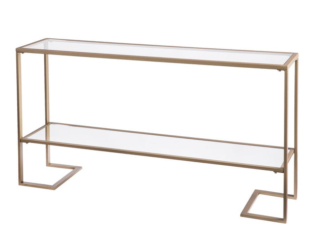 52" Clear and Gold Glass Mirrored Sled Console Table With Shelves