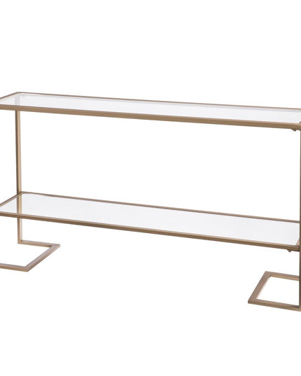 52" Clear and Gold Glass Mirrored Sled Console Table With Shelves