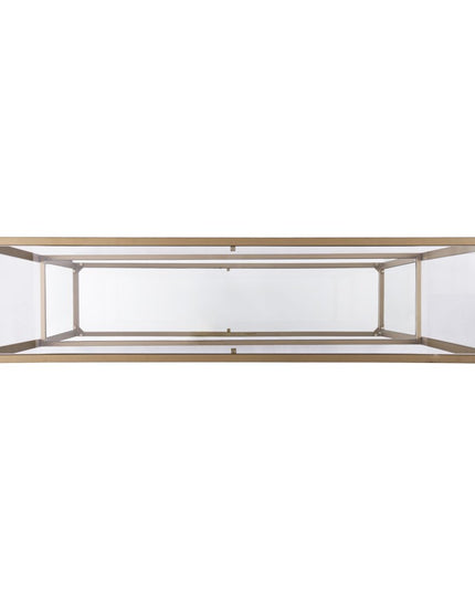 52" Clear and Gold Glass Mirrored Sled Console Table With Shelves