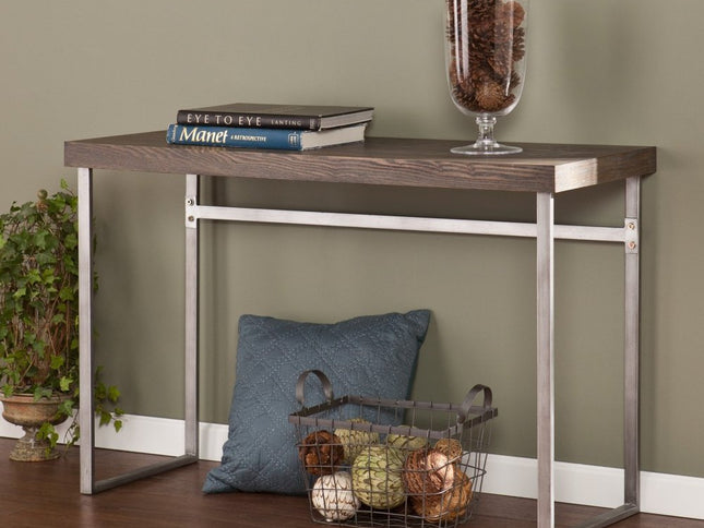 46" Gray Brown and Silver Distressed Sled Console Table