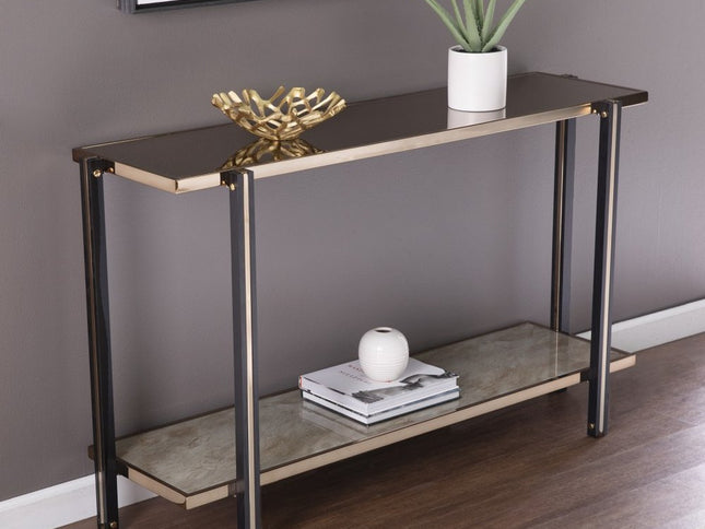 50" Smoky Black and Champagne Mirrored Glass Console Table With Shelf