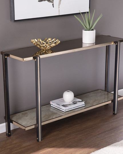 50" Smoky Black and Champagne Mirrored Glass Console Table With Shelf