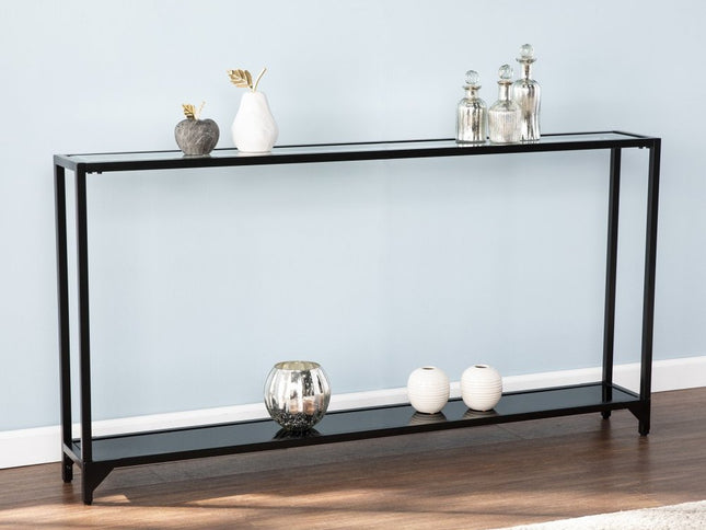 56" Clear and Black Glass Frame Console Table With Shelves