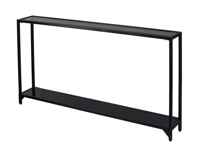 56" Clear and Black Glass Frame Console Table With Shelves