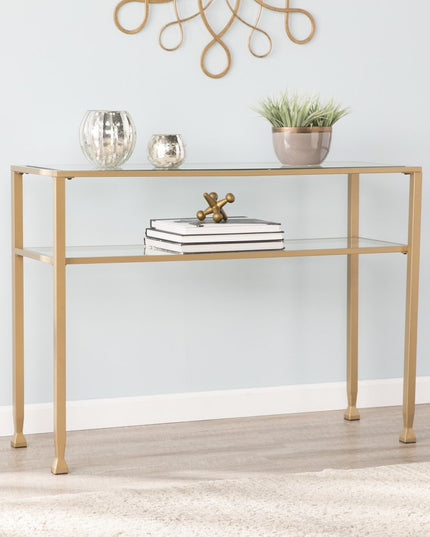 43" Clear and Gold Glass Console Table With Shelves