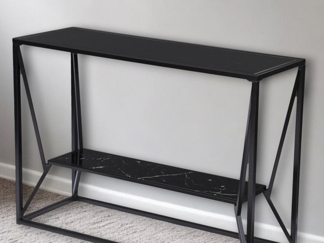 42" Black Glass Frame Console Table With Shelves