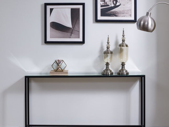 56" Silver and Gunmetal Mirrored Glass Console Table