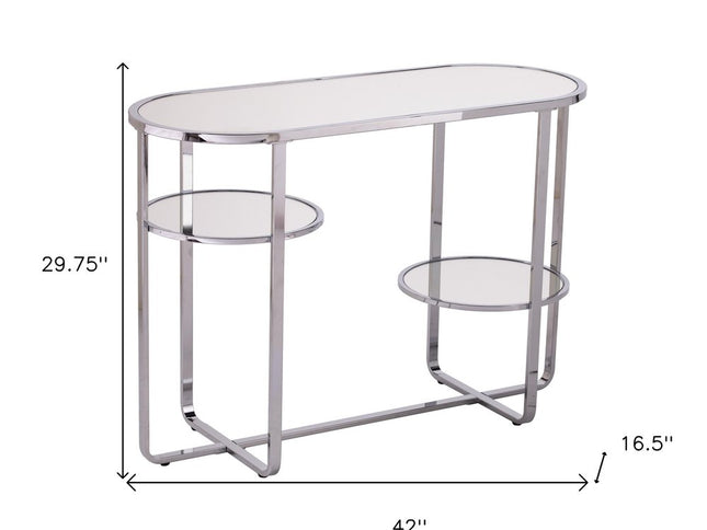 42" Silver Mirrored Glass Oval Cross Leg Console Table With Shelves