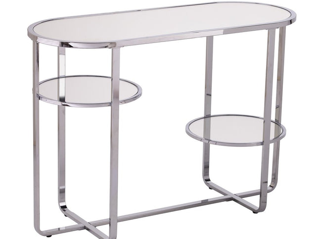 42" Silver Mirrored Glass Oval Cross Leg Console Table With Shelves