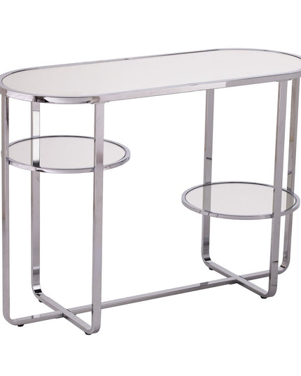 42" Silver Mirrored Glass Oval Cross Leg Console Table With Shelves