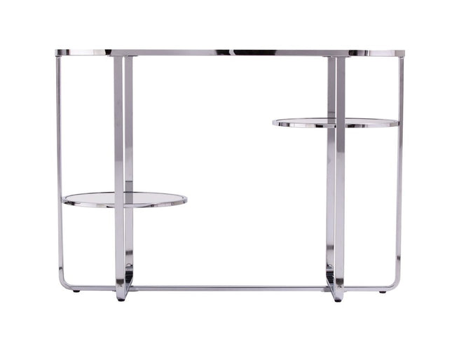42" Silver Mirrored Glass Oval Cross Leg Console Table With Shelves