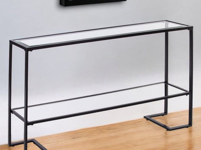52" Clear and Black Glass Mirrored Sled Console Table With Shelves