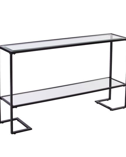 52" Clear and Black Glass Mirrored Sled Console Table With Shelves