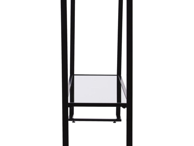 52" Clear and Black Glass Mirrored Sled Console Table With Shelves