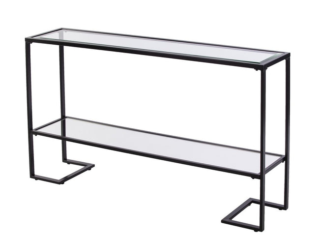 52" Clear and Black Glass Mirrored Sled Console Table With Shelves
