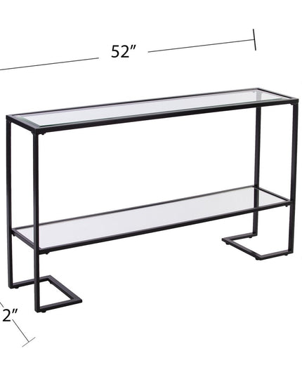 52" Clear and Black Glass Mirrored Sled Console Table With Shelves