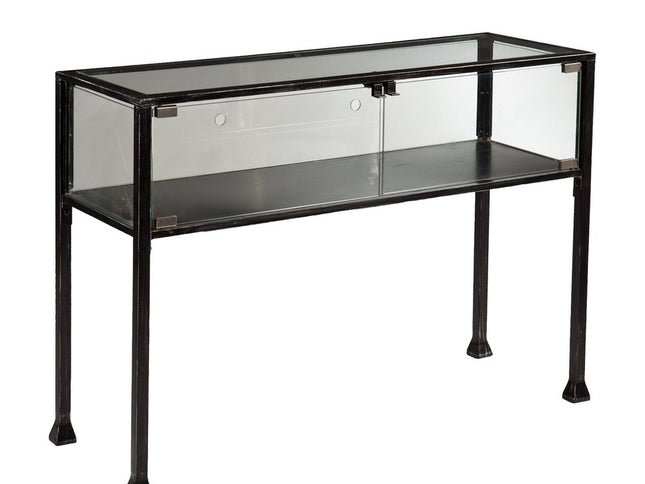 43" Clear and Black Glass Distressed Console Table With Storage